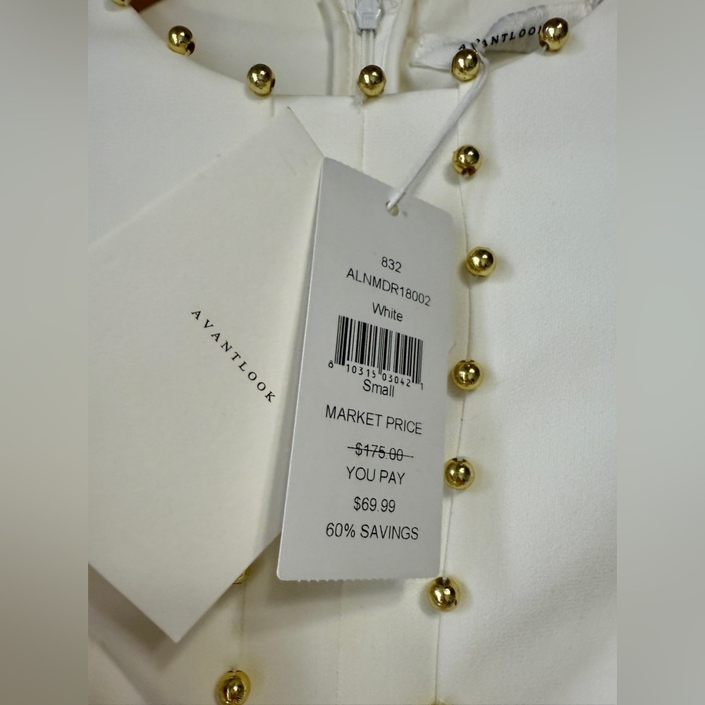Avantlook Women's S Ivory Dress Gold Beaded Trim Cut Out Sides NWT - Picture 8 of 8